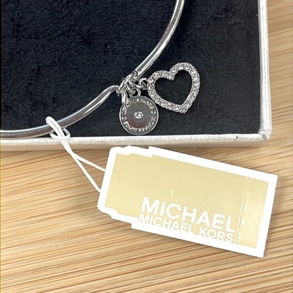 Brand New Michael Kors Silver Tone Rhinestone Heart Logo Charm Bangle Bracelet - Picture 4 of 14